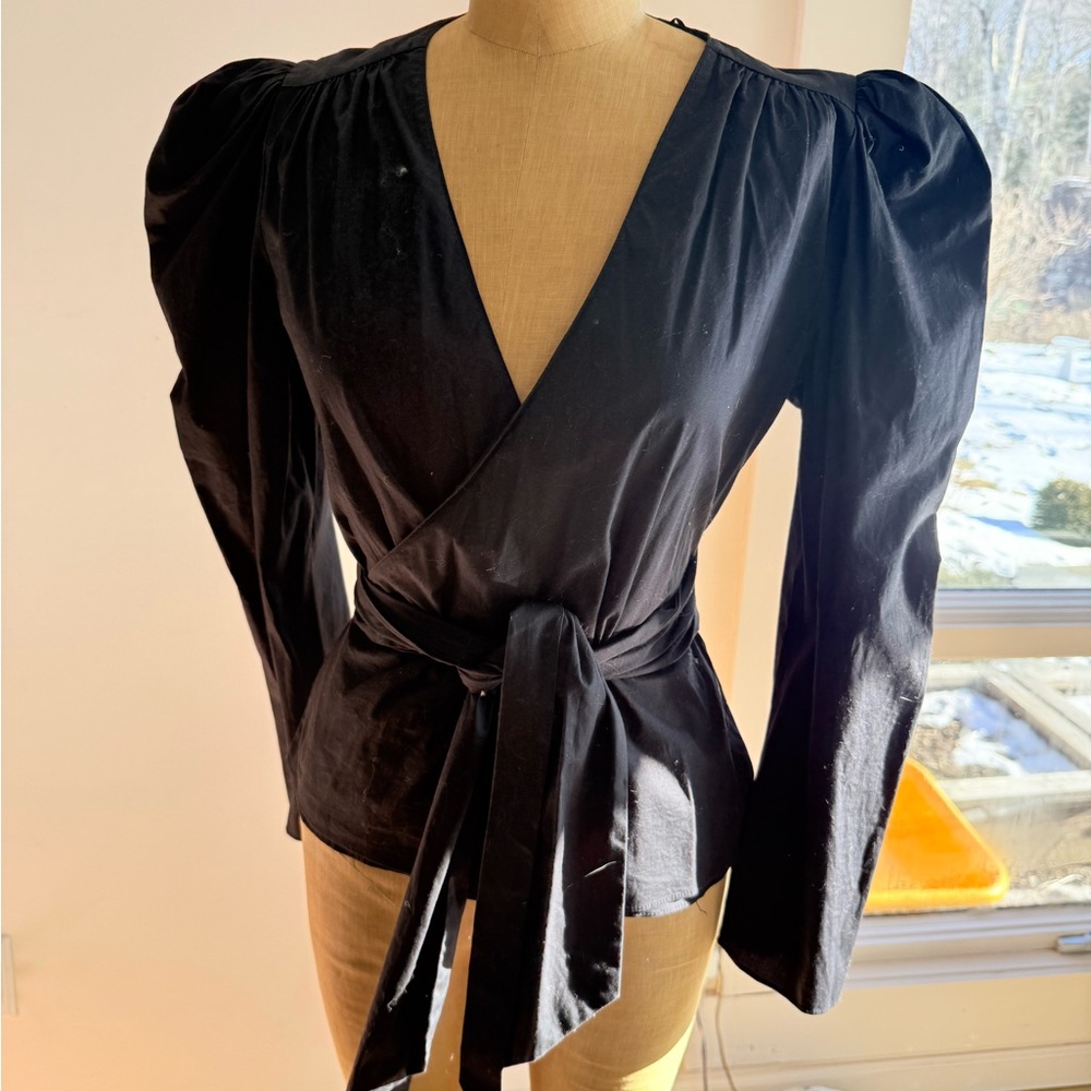 ZARA Poplin Black Wrap Top M
